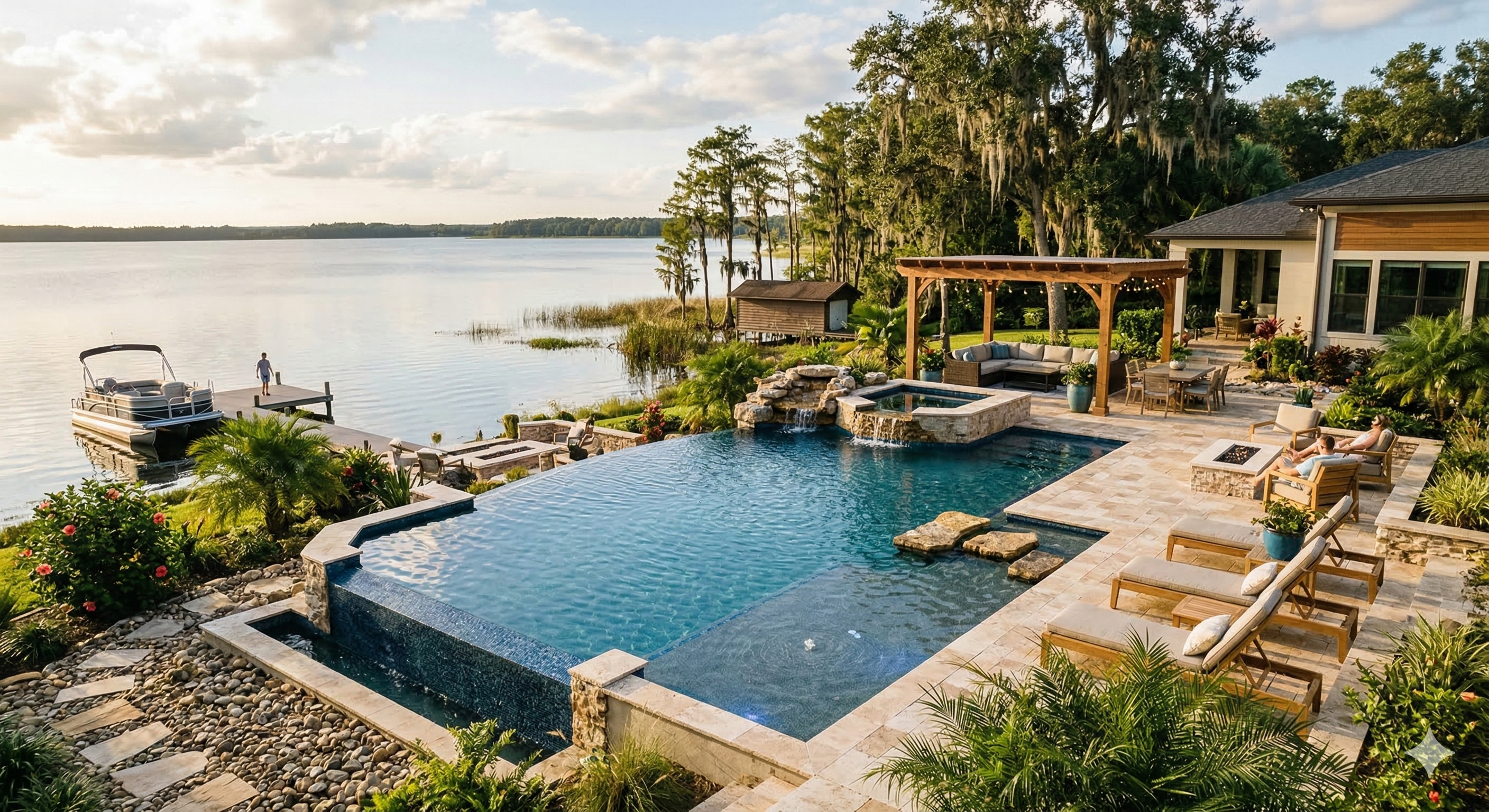 Luxury custom pool with lakefront view built by Mike Jr Kustom Pools in Central Florida