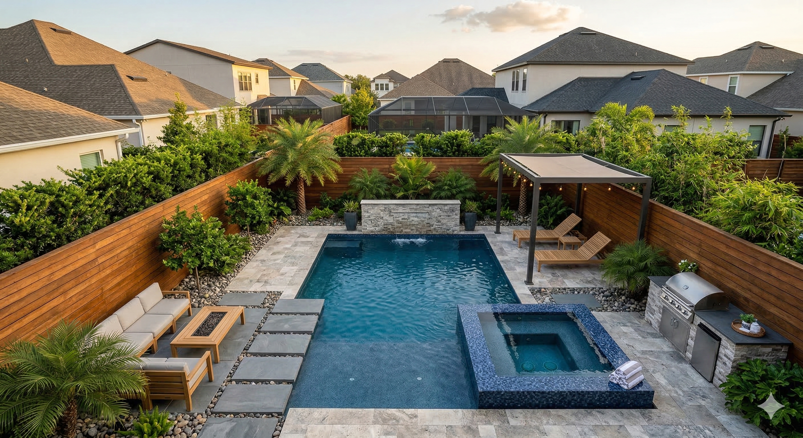 Modern backyard pool with outdoor kitchen and pergola, Orlando