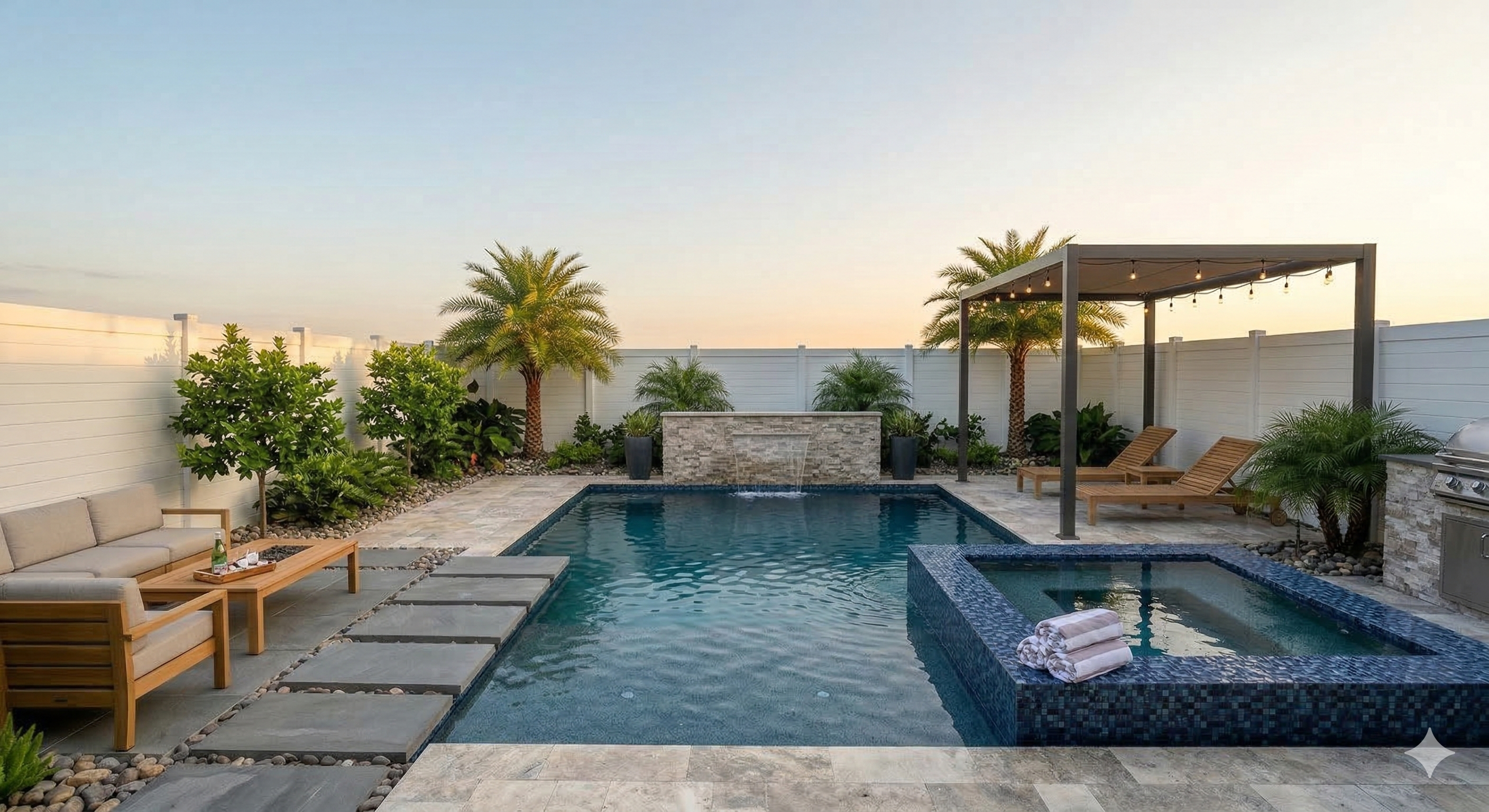 Resort-style pool at sunset with waterfall feature, Central Florida